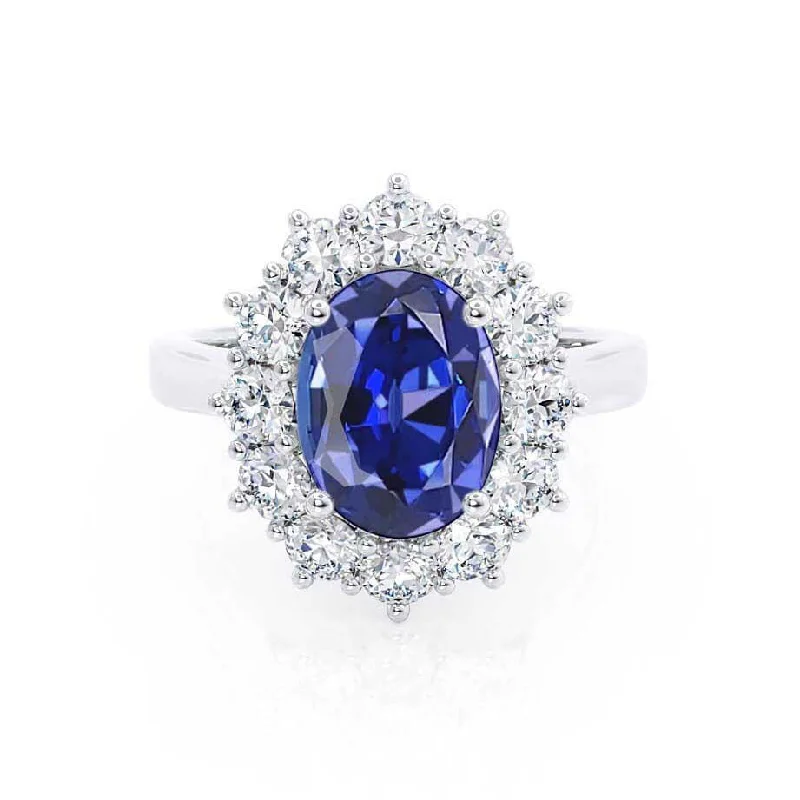 Rings with double bands for modern twist -DIANA - Ready to Ship Chatham® Blue Sapphire & Lab Diamond 950 Platinum Halo