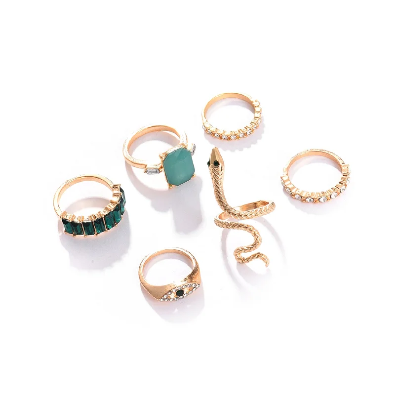 Rings with aventurine gems for green luck -Gold Color Pack Of 6 Gold Plated Designer Stone Ring For Women's