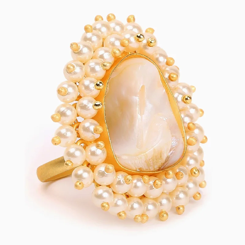 Rings with polished jade for smooth calm -Gold-toned White Pearl Beaded Jadau Finger Ring