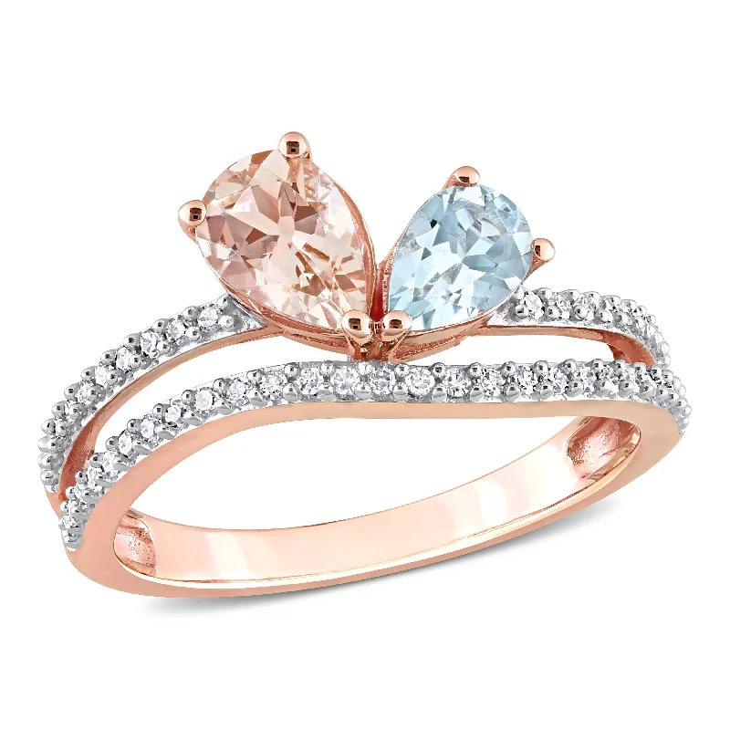 Rings with rough sapphire for rugged chic -Miadora 1 1/7ct TGW Pear Shape Morganite and Aquamarine and 1/4ct Diamond 2-Stone Open Ring in 10k Rose Gold