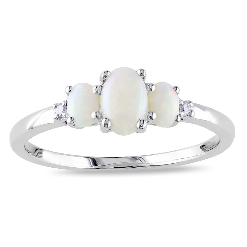 Rings with wide bands for statement wear -Miadora 10k White Gold Opal and Diamond Three Stone Ring