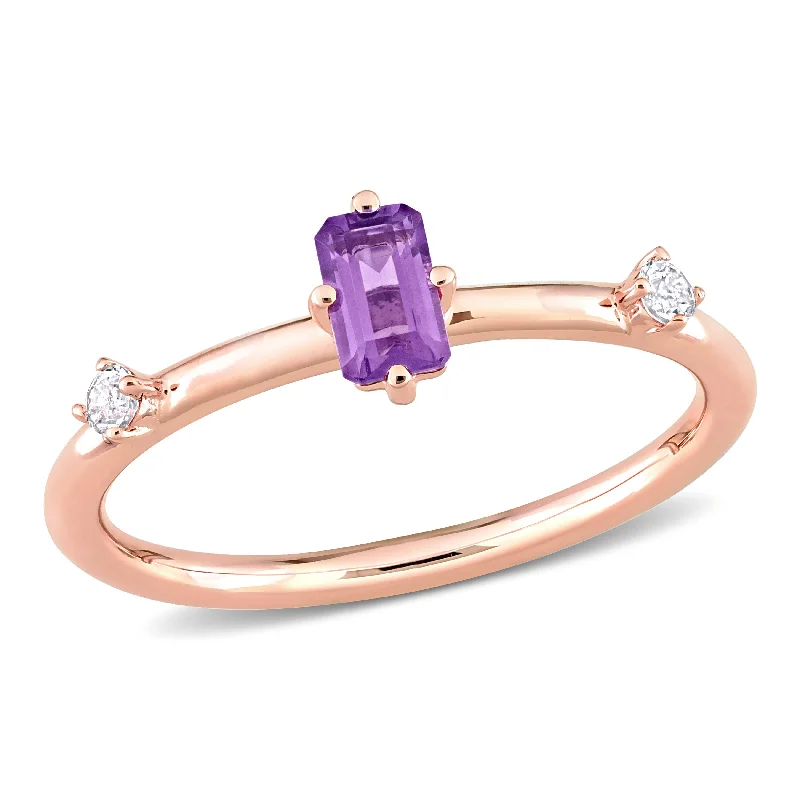 Rings with rough moonstone for natural beauty -Miadora 2/5ct TGW Emerald-Cut Amethyst and White Topaz Stackable Ring in 10k Rose Gold