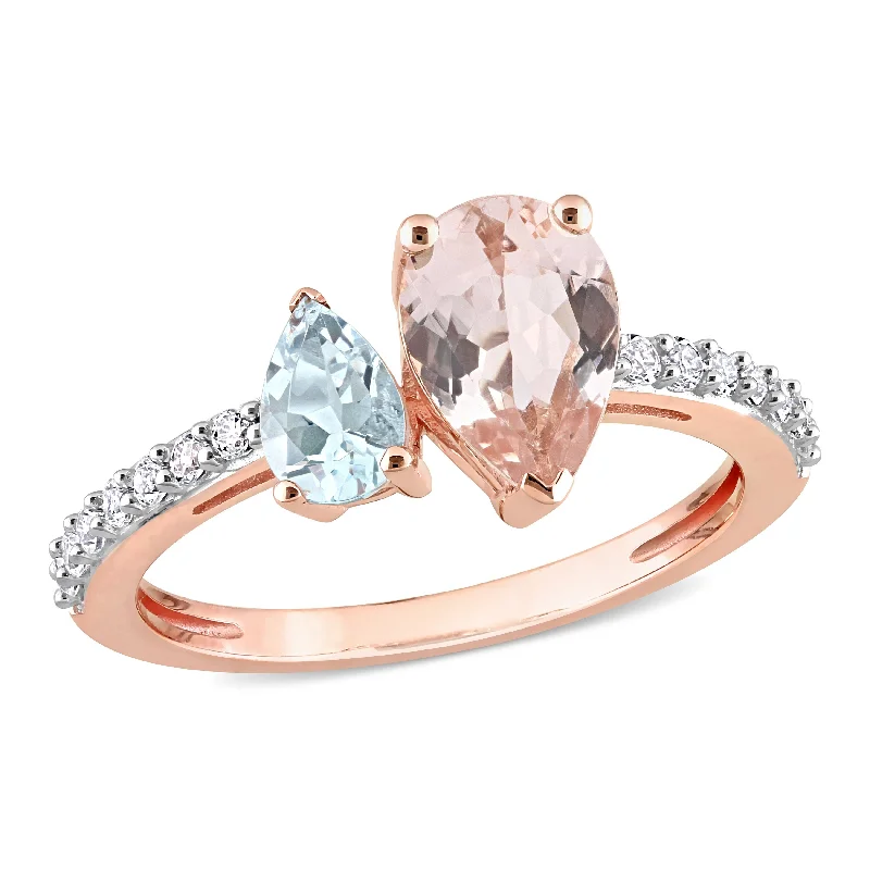 Rings with wave patterns for ocean vibes -Miadora 2ct TGW Pear Shape Morganite, Aquamarine and White Topaz Ring in 10k Rose Gold