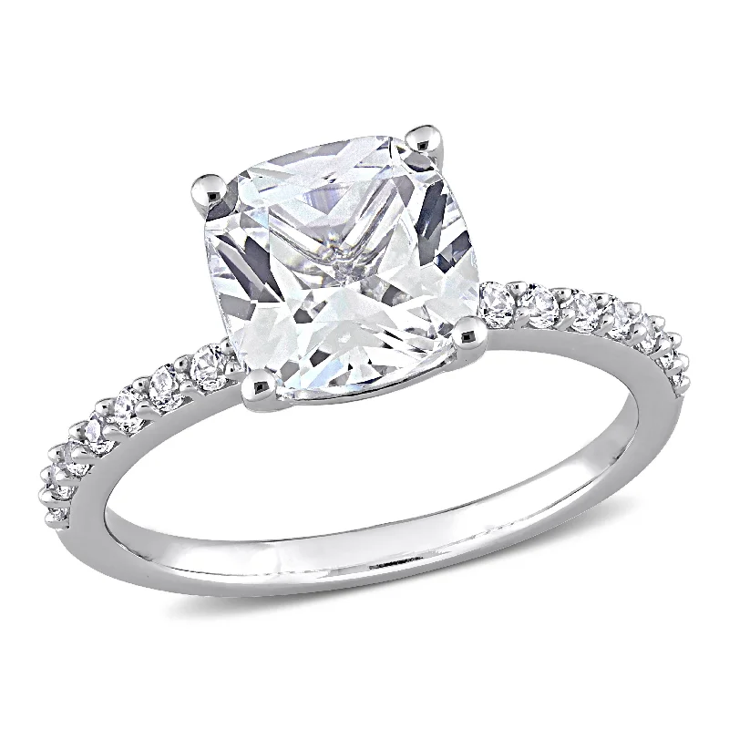 Rings with vintage-inspired rose-cut diamonds -Miadora 3 1/4 ct TGW Cushion Cut Created White Sapphire Solitaire Engagement Ring in 10k White Gold