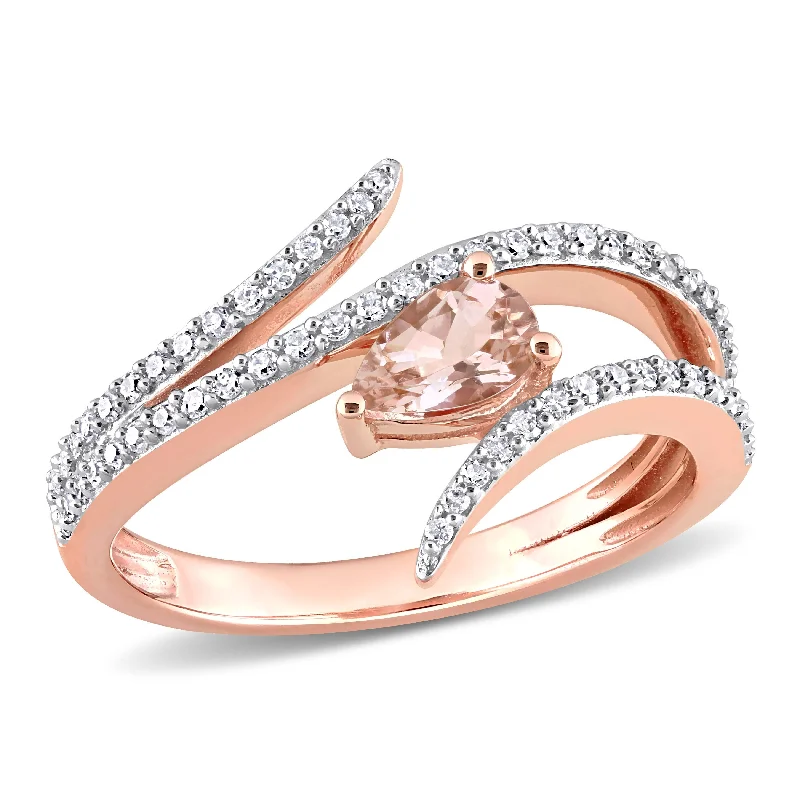 Rings with hexagon-cut stones for trendiness -Miadora 3/8ct TGW Pear Shape Morganite and 1/4ct Diamond Open Wrap Ring in 10k Rose Gold