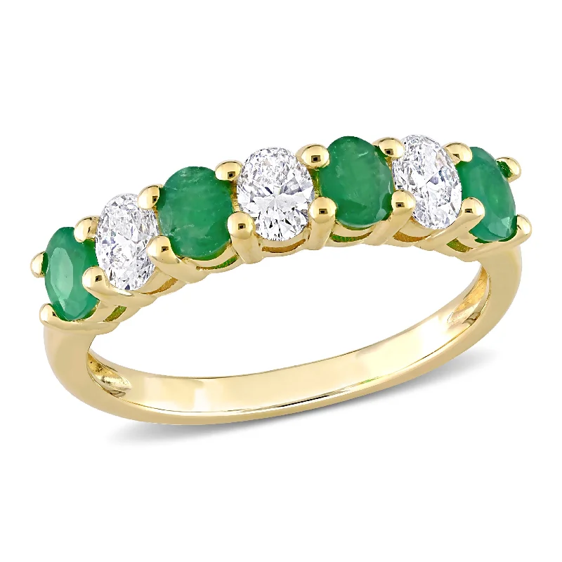 Rings with etched floral bands for detail -Miadora 4/5 ct TGW Oval Emerald and 1/2 ct TW Oval Diamond Semi-Eternity Band in 14k Yellow Gold