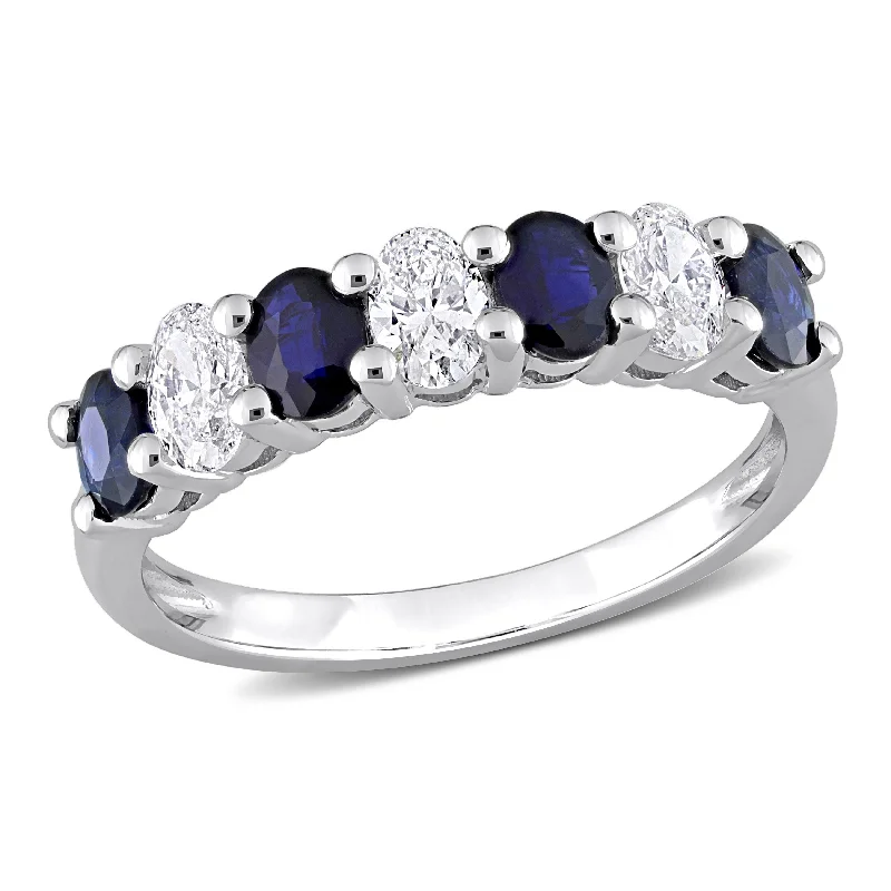 Minimalist rings with tiny diamond dot accents -Miadora 4/5 ct TGW Oval Sapphire & 1/2 ct TW Oval Diamond Semi-Eternity band 14k White Gold