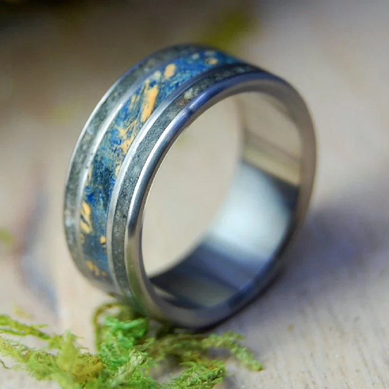 Rings with engraved constellations for stargazers -Old North Bridge 1775 | Men's Old North Bridge Rocks, Blue Box Elder Wood & Titanium Wedding Ring