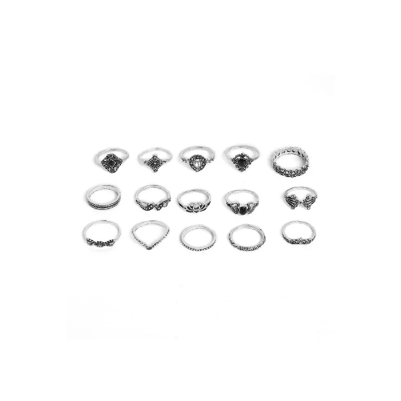 Rings with sunstone gems for fiery sparkle -Pack Of 15 Oxidised Ring