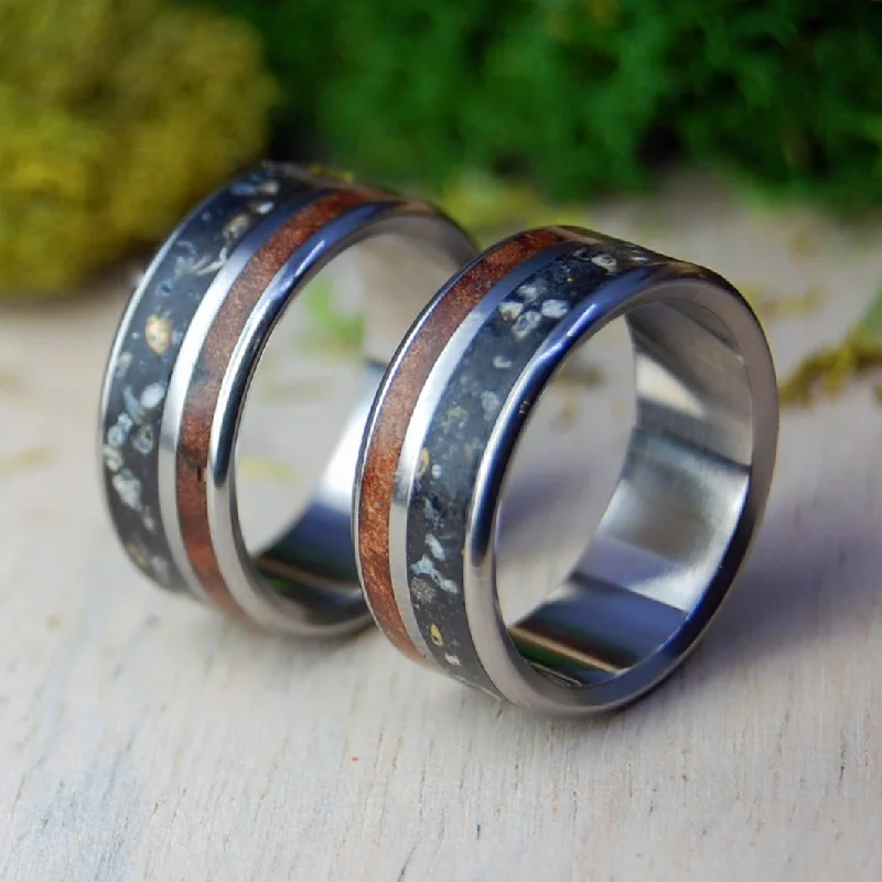 Rings with raw jade for natural calm -Redwood Lava | Icelandic Lava, California Redwood - Titanium Wedding Ring Set