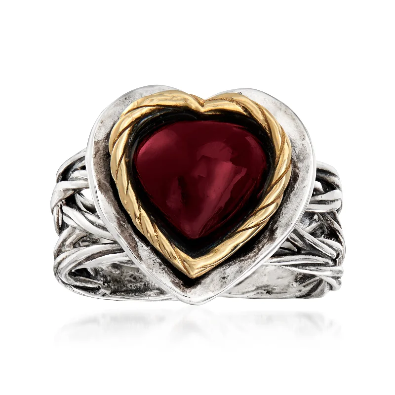 Rings with twisted rose gold band designs -Ross-Simons Garnet Heart Ring in Sterling Silver and 14kt Yellow Gold