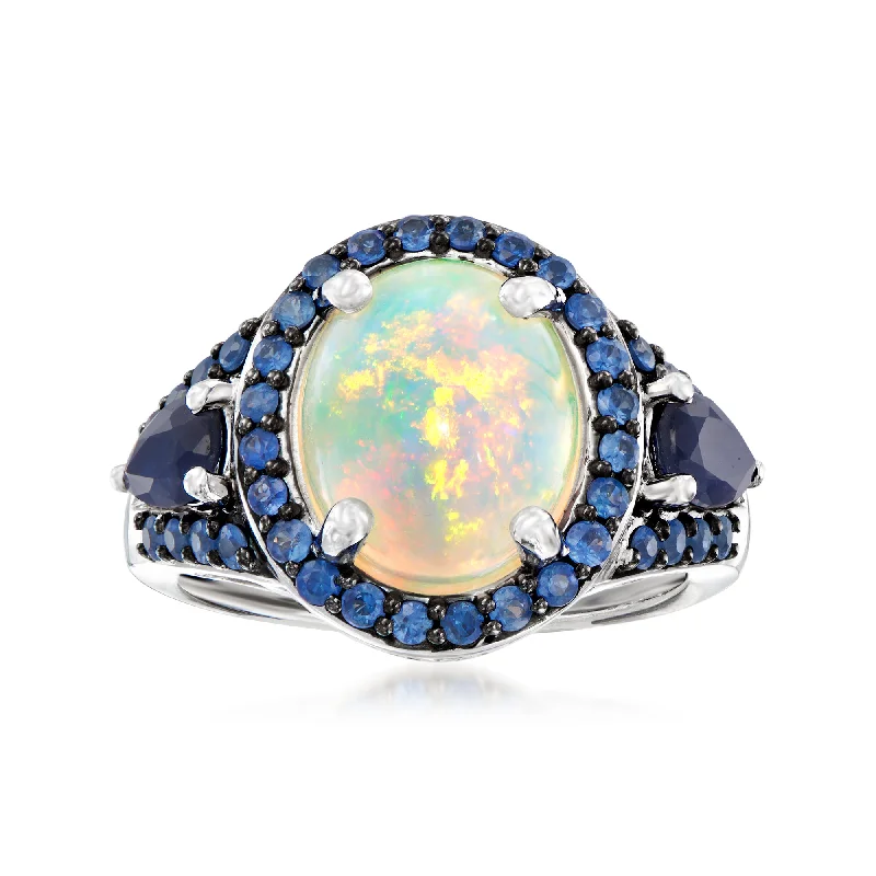 Rings with pink sapphire for delicate charm -Ross-Simons Opal and Sapphire Ring in Sterling Silver