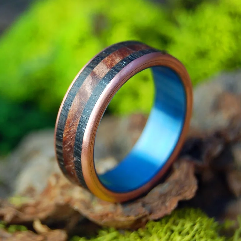 Rings with sleek black agate for edge -Scottish Bog Oak & Redwood | Men's Scottish Bog Oak, Redwood & Titanium Wedding Ring