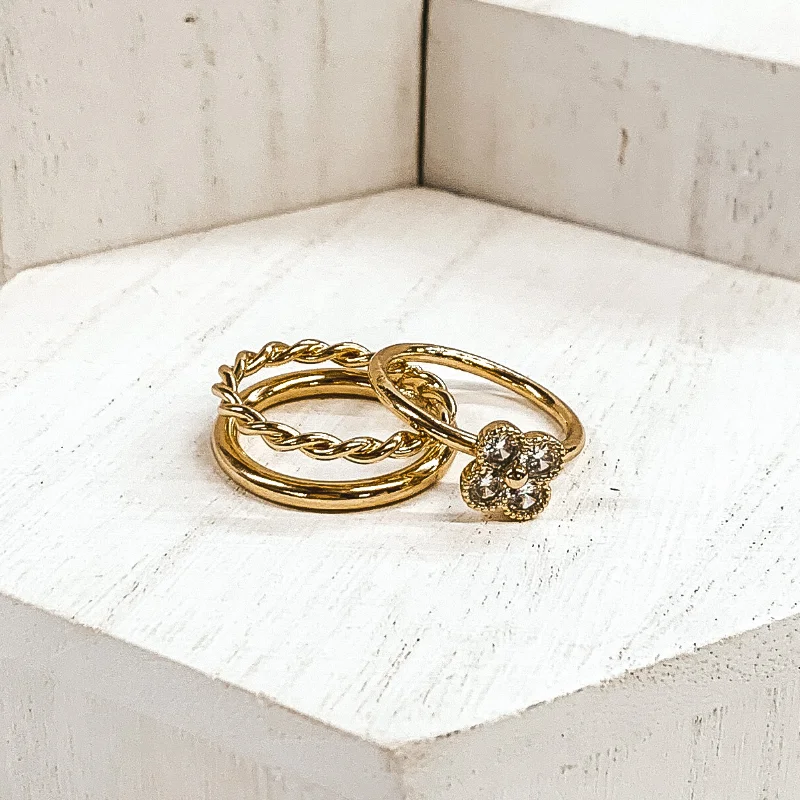 Gold rings with intricate celtic knot patterns -Set of 2 | Clover Shaped Sunburst Ring Set in Gold Tone