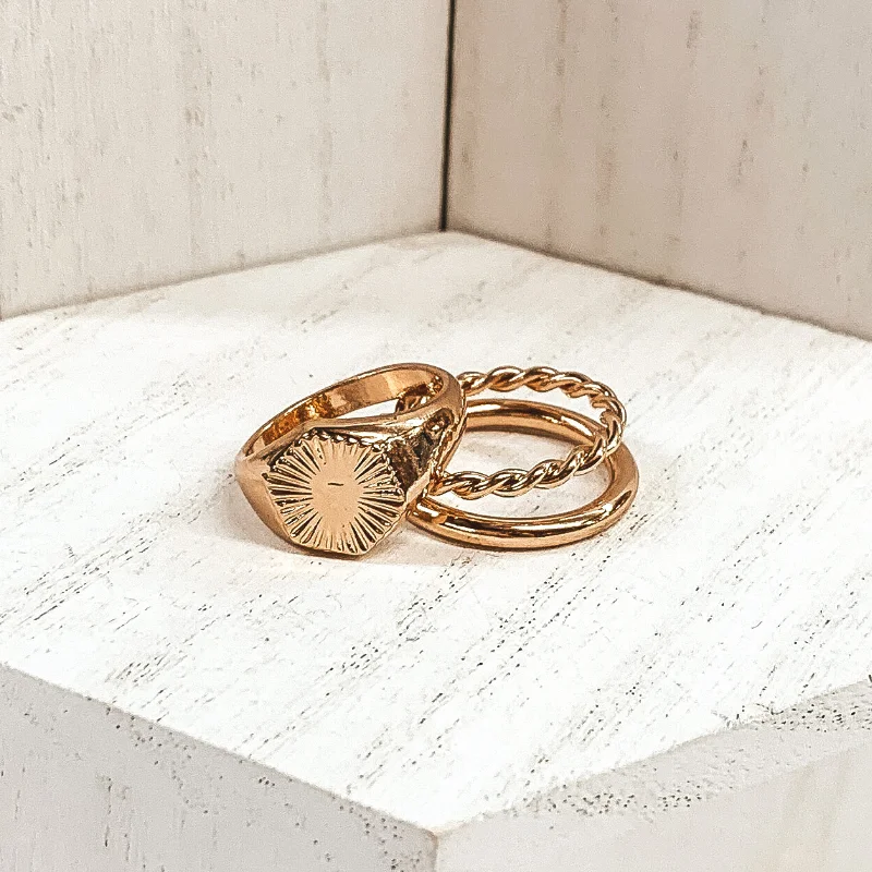 Rings with mandala engravings for spiritual vibe -Set of 2 | Hexagon Shaped Sunburst Ring Set in Gold Tone