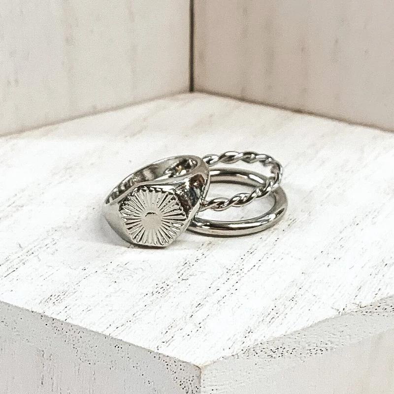 Rings with black diamond for striking contrast -Set of 2 | Hexagon Shaped Sunburst Ring Set in Silver Tone