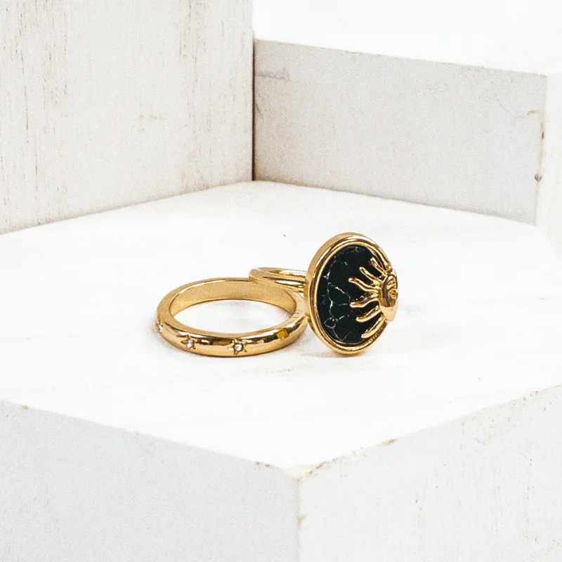 Rings with vintage-inspired rose-cut diamonds -Set of 2 | Oval Semi Precious Stone Pendant Gold Tone Ring Set in Black