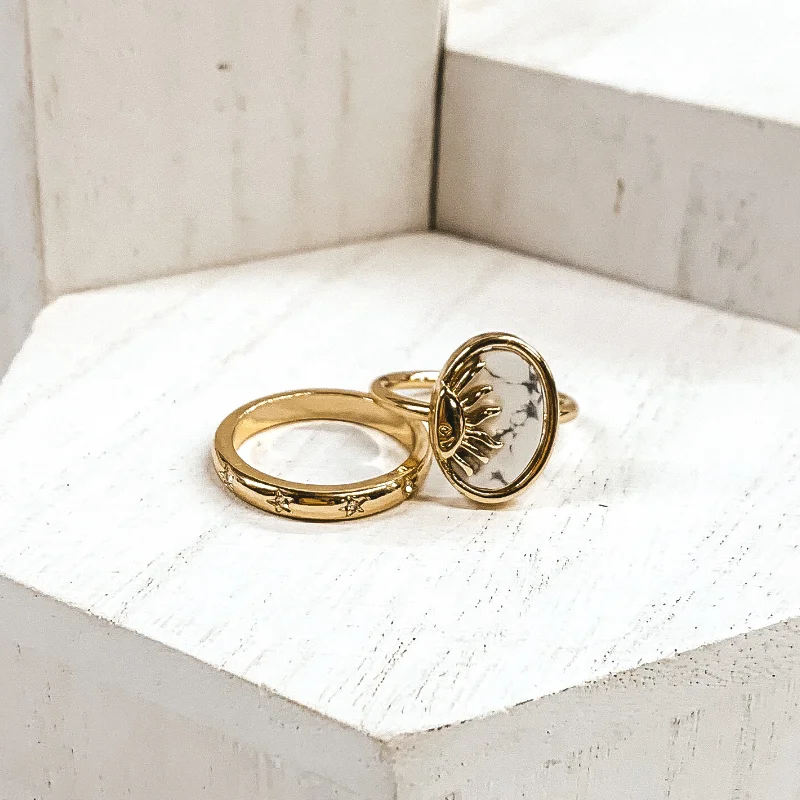 Rings with labradorite stones for mystic flash -Set of 2 | Oval Semi Precious Stone Pendant Gold Tone Ring Set in White