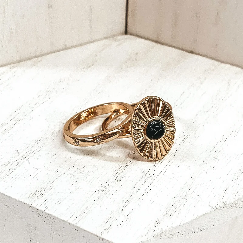 Rings with double bands for modern twist -Set of 2 | Oval Shaped Sunburst Gold Tone Ring Set with Center Stone in Black