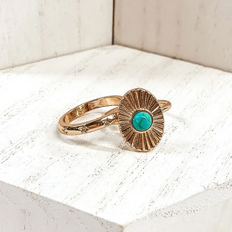 Rings with polished jade for smooth calm -Set of 2 | Oval Shaped Sunburst Gold Tone Ring Set with Center Stone in Turquoise