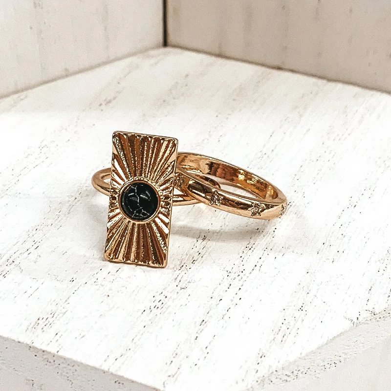 Rings with peacock ore for iridescent glow -Set of 2 | Rectangle Shaped Sunburst Gold Tone Ring Set with Center Stone in Black