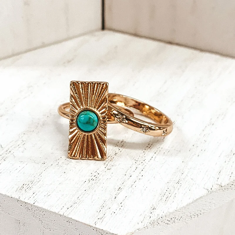 Rings with aventurine gems for green luck -Set of 2 | Rectangle Shaped Sunburst Gold Tone Ring Set with Center Stone in Turquoise