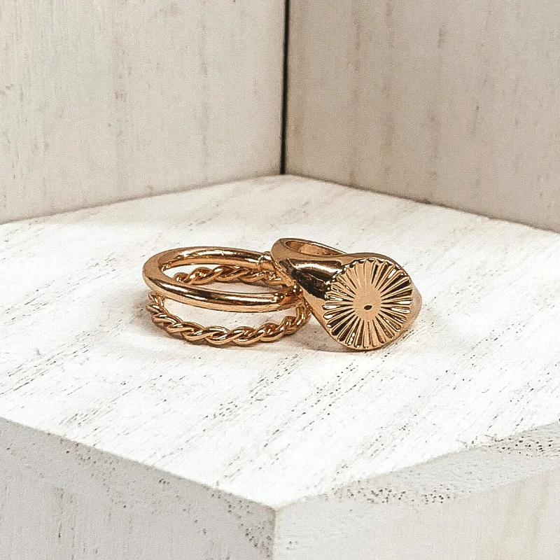 Rings with hexagon-cut stones for trendiness -Set of 2 | Rounded Sunburst Ring Set in Gold Tone