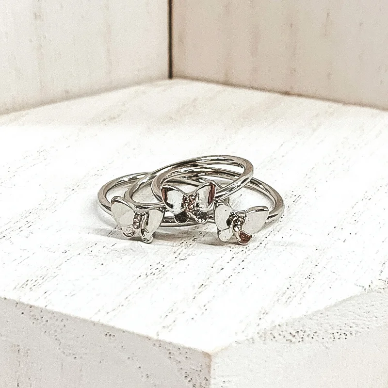 Rings with tiger eye for warm tones -Set of 3 | Butterfly Ring Set in Silver Tone