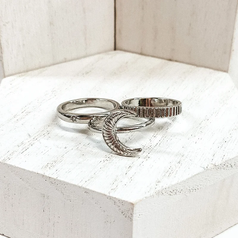 Dainty rings with subtle engraved star motifs -Set of 3 | Moon Charm Ring Set in Silver Tone