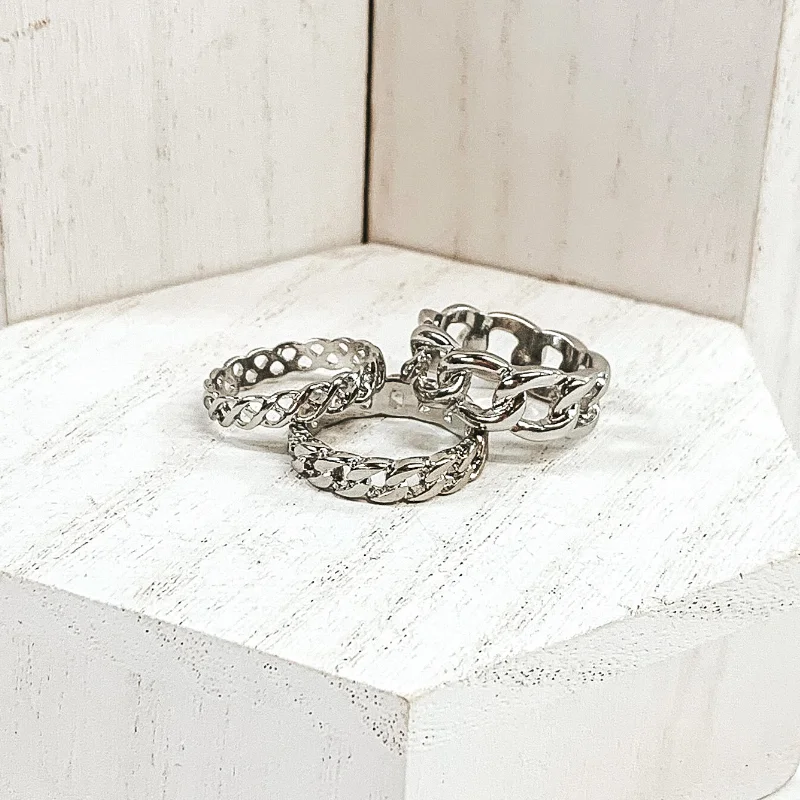 Rings with oxidized silver for antique appeal -Set of 3 | Multi Chain Ring Set in Silver Tone