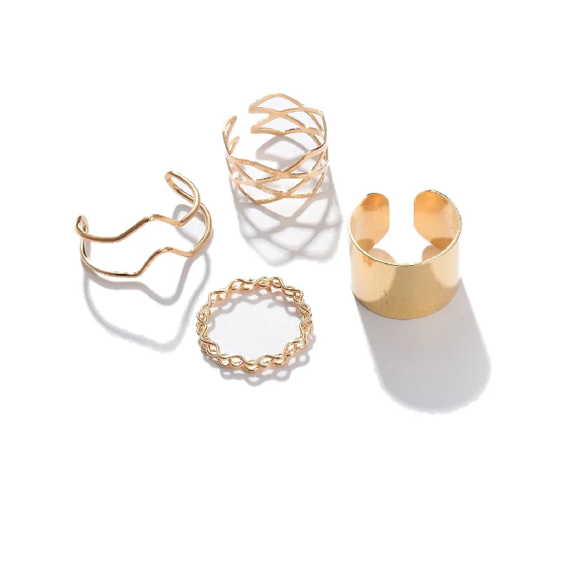 Rings with hexagon-cut stones for trendiness -Set Of 4 Gold-plated Finger Rings