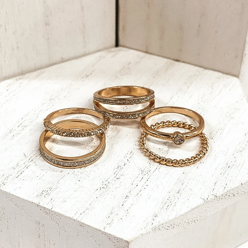 Minimalist rings with tiny diamond dot accents -Set of 5 | Crystalized Ring Set in Gold Tone