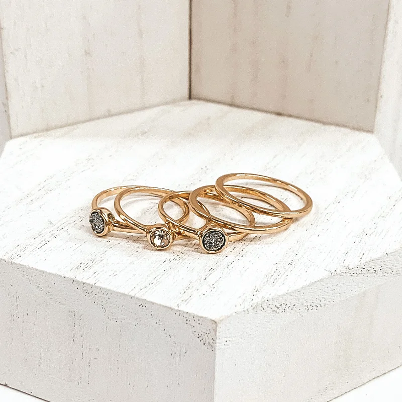 Gold rings with intricate celtic knot patterns -Set of 5 | Druzy Stone Ring Set in Gold Tone