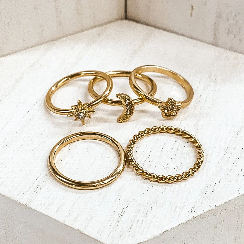 Dainty rings with subtle engraved star motifs -Set of 5 | Moon and Stars Ring Set in Gold Tone