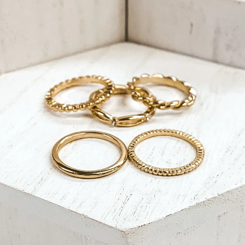 Bold rings with oversized amethyst gemstones -Set of 5 | Multi Textured Ring Set in Gold Tone