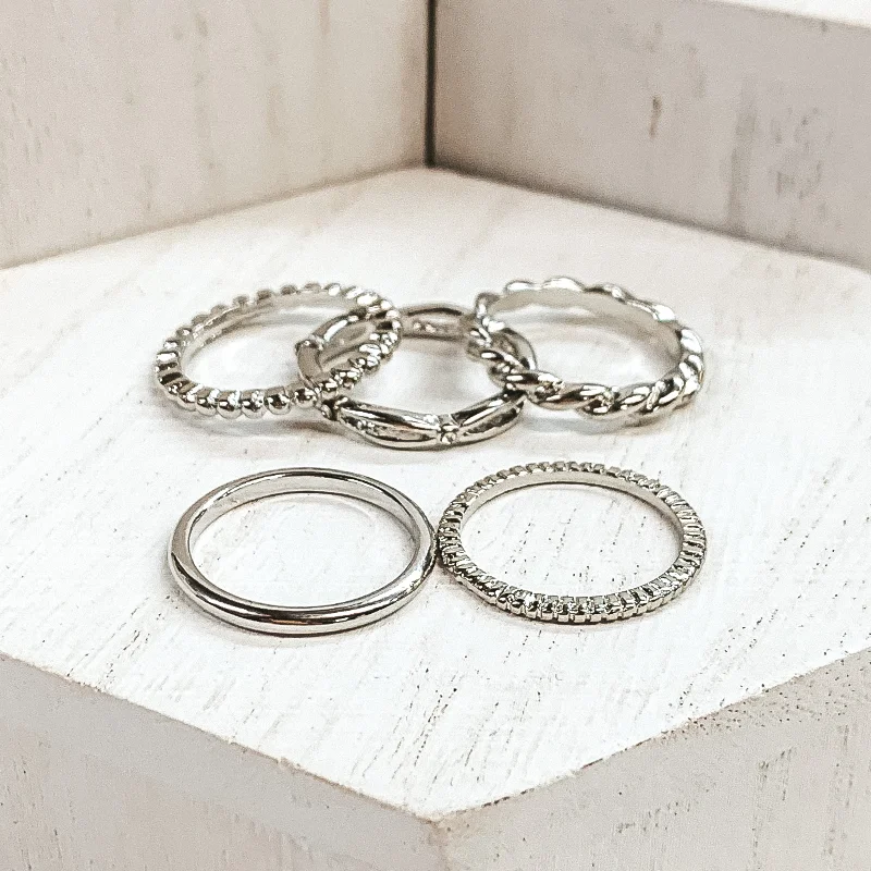 Rings with moonstone gems for ethereal glow -Set of 5 | Multi Textured Ring Set in Silver Tone