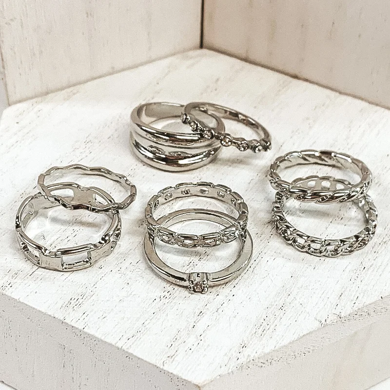 Rings with oxidized bands for vintage edge -Set of 8 | Classic Chain and Crystal Ring Set in Silver Tone