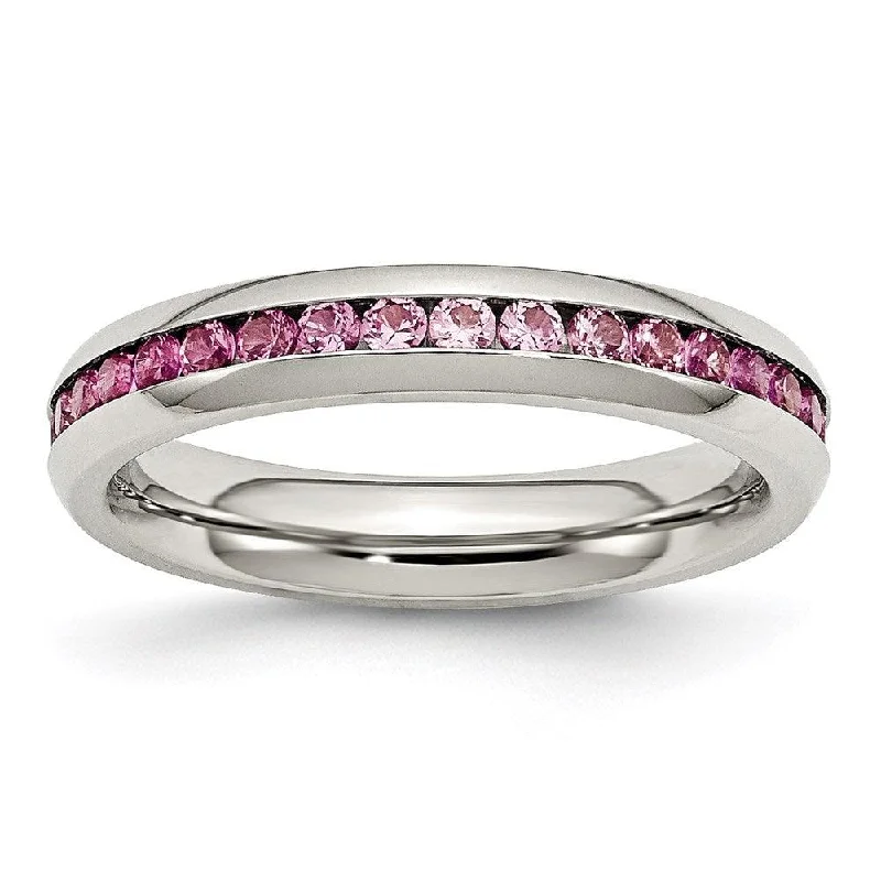 Rings with hammered silver for rustic appeal -Stainless Steel 4mm July Dark Pink CZ Ring