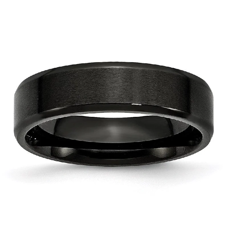 Rings with floral halo diamond arrangements -Stainless Steel 6mm Black IP-plated Brushed/Polished Beveled Edge Band