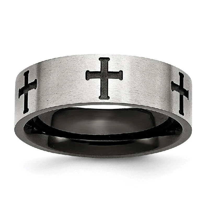 Rings with tiger eye for warm tones -Stainless Steel 7mm Black IP-plated Crosses Brushed/Polished Band