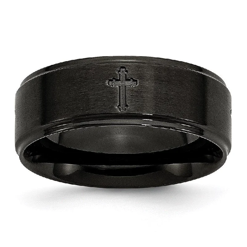 Rings with etched floral bands for detail -Stainless Steel 8mm Brushed/Polished Cross Cut-Out Black IP-plated Band