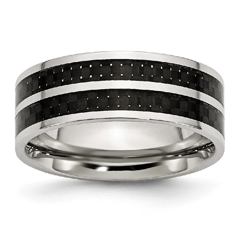 Rings with claw-set moonstone for mystique -Stainless Steel 8mm Double Row Black Carbon Fiber Inlay Polished Band