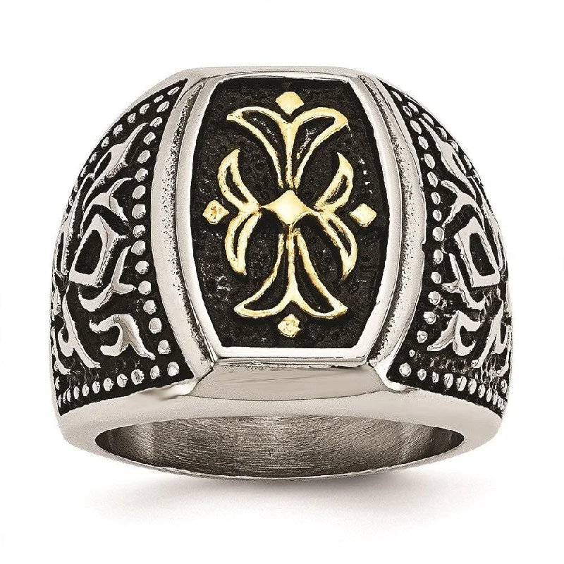 Gold rings with intricate celtic knot patterns -Stainless Steel Antiqued & Yellow IP-plated Cross Ring