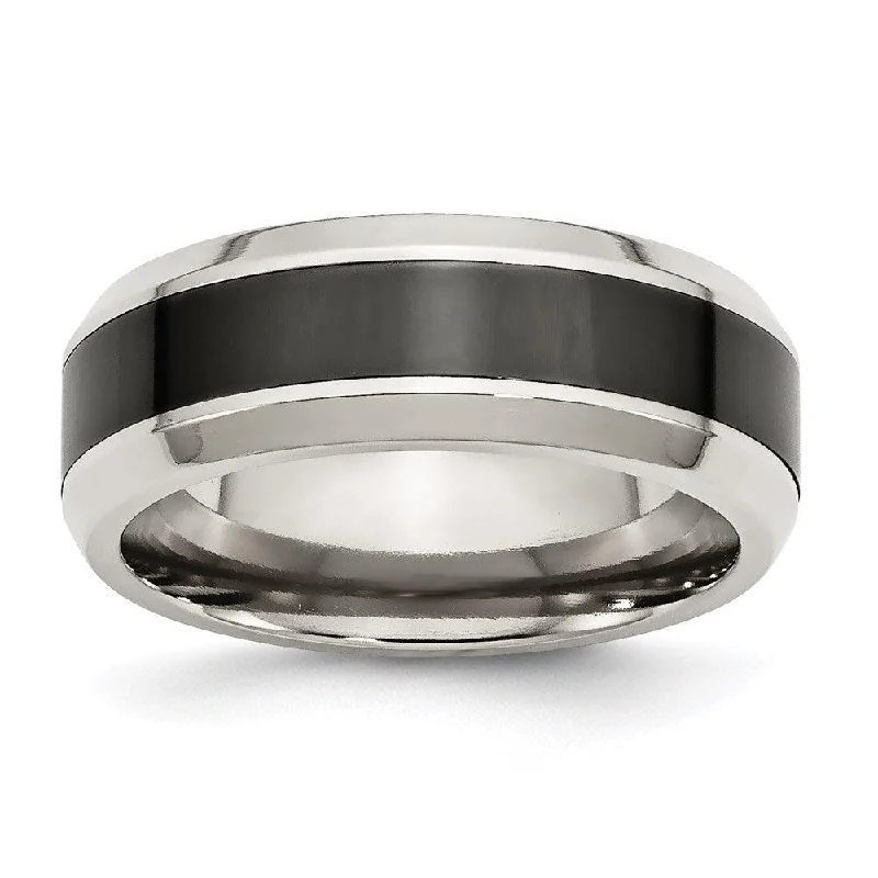 Rings with tourmaline gems for bold hues -Stainless Steel Base w/Polished Black Ceramic Center Beveled Band