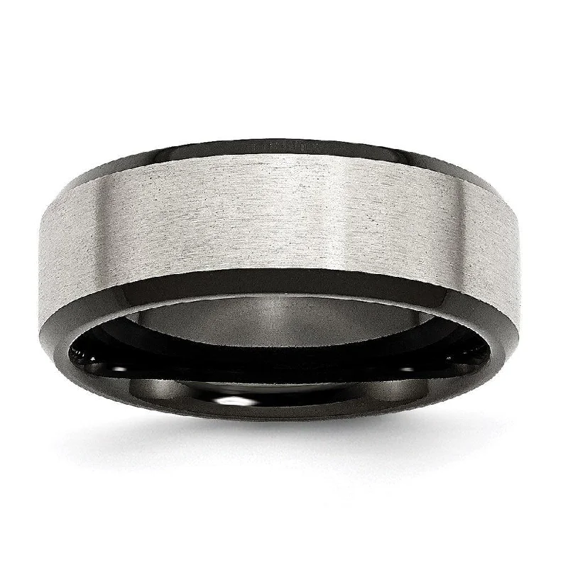 Rings with oxidized silver for antique appeal -Stainless Steel Beveled Edge Black IP-plated 8mm Brushed Band