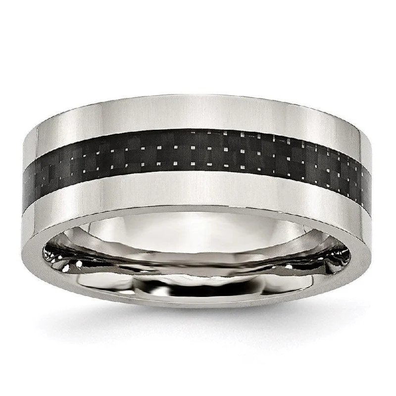 Rings with mandala engravings for spiritual vibe -Stainless Steel Black Carbon Fiber Inlay Flat 8mm Polished Band