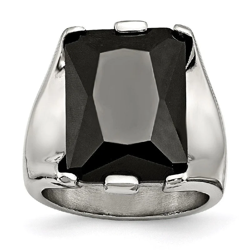 Rings with etched floral bands for detail -Stainless Steel Black CZ Polished Ring