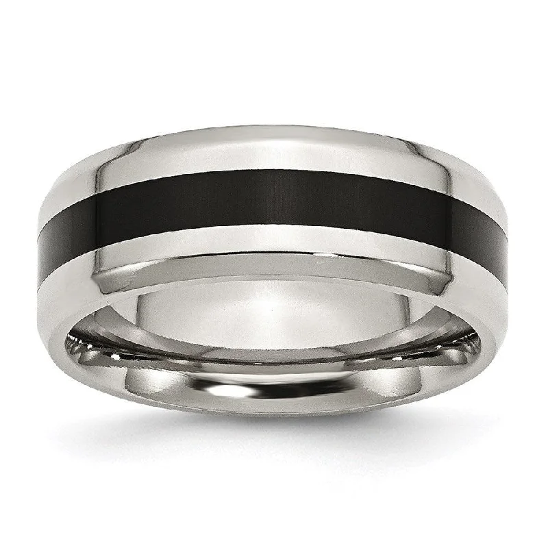 Rings with pink sapphire for delicate charm -Stainless Steel Black Enamel 8mm Polished Beveled Edge Band