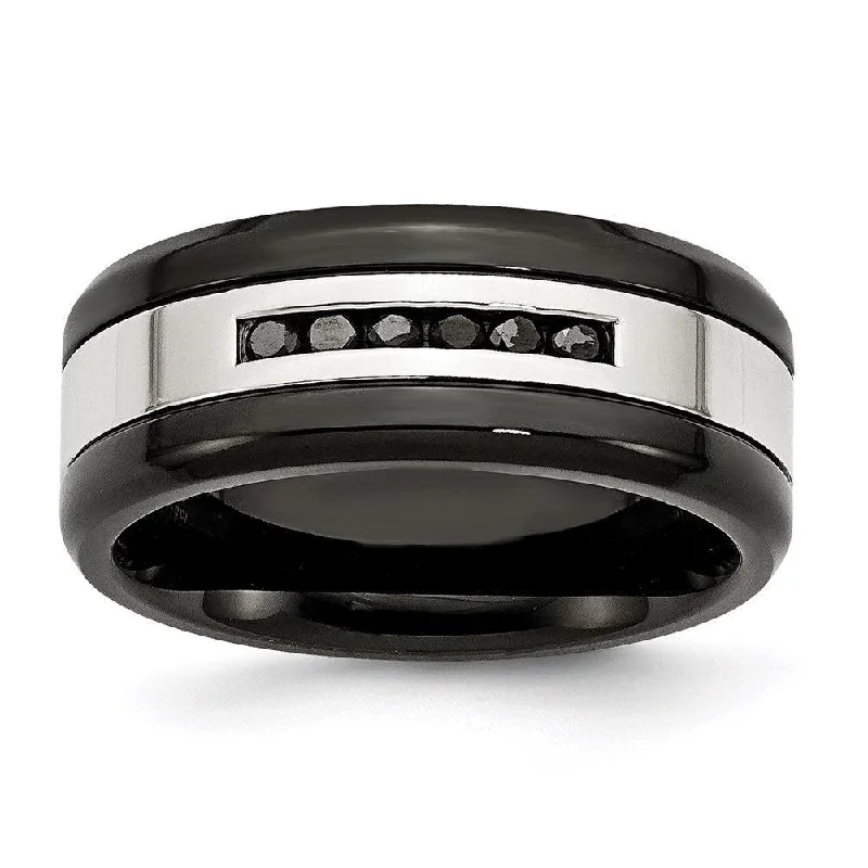 Rings with polished opal for iridescent beauty -Stainless Steel Black IP-plated/Polished w/Black Diamonds 9mm Band