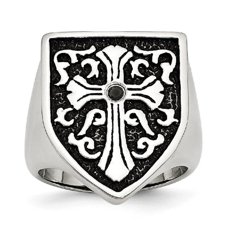 Rings with sleek black agate for edge -Stainless Steel Cross w/Black Diamond Antiqued Shield Ring